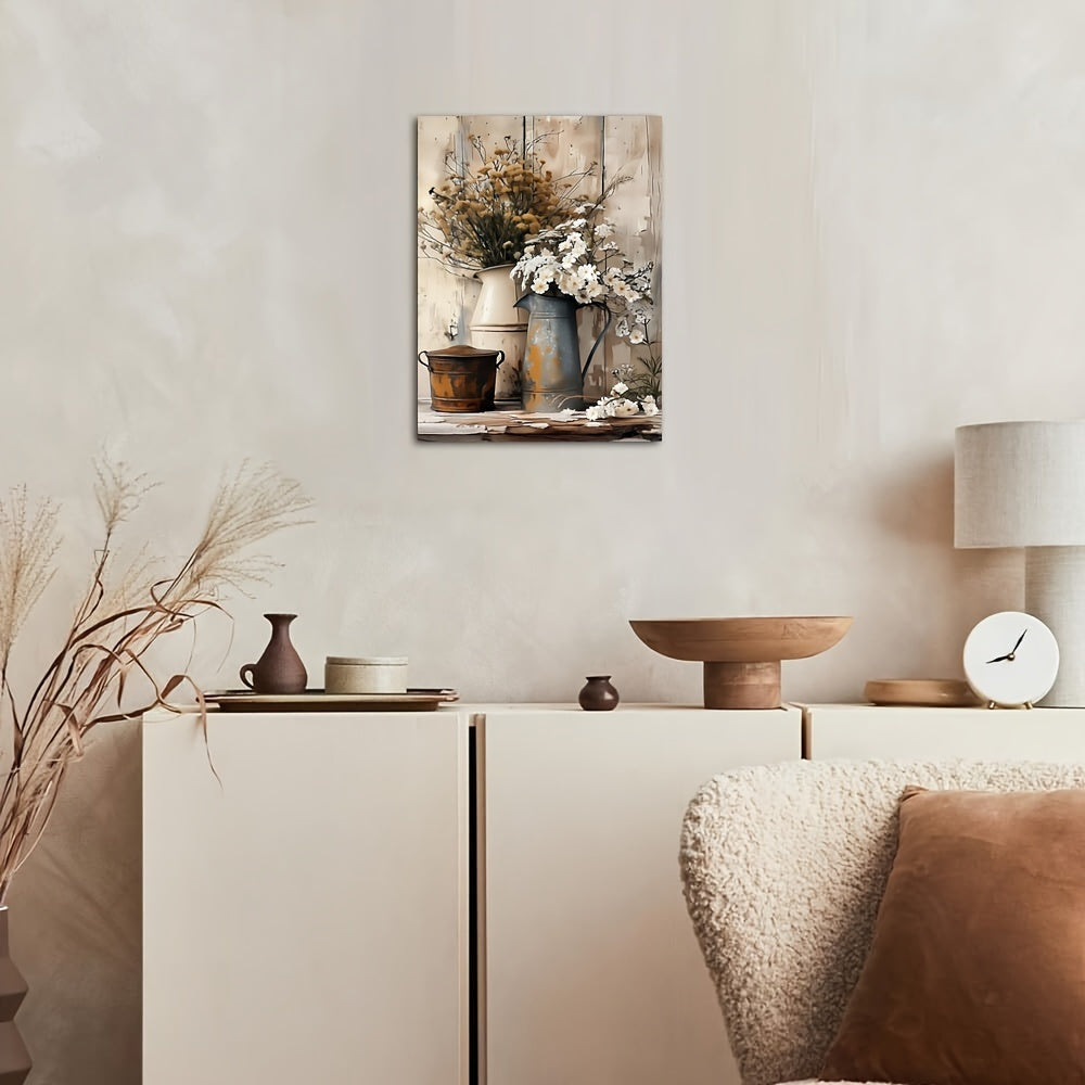 1 Piece Framed Wooden Canvas Painting, Rustic Wood Frame Canvas Art - Cream Yellow Wood Grain With White Jasmine Flowers With Rust Colored Watering Can, Suitable For Living Room Or Bedroom Decoration