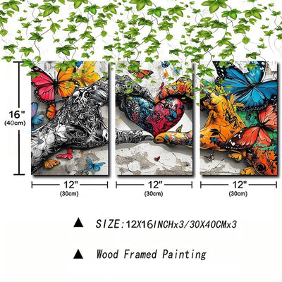 Framed 3pcs Graffiti Holding Hands Love Heart Canvas Wall Art Fashion Love Poster Painting Prints For Home Dining Room Living Room Wall Decor Artwork--Selling On Temu Is Prohibited