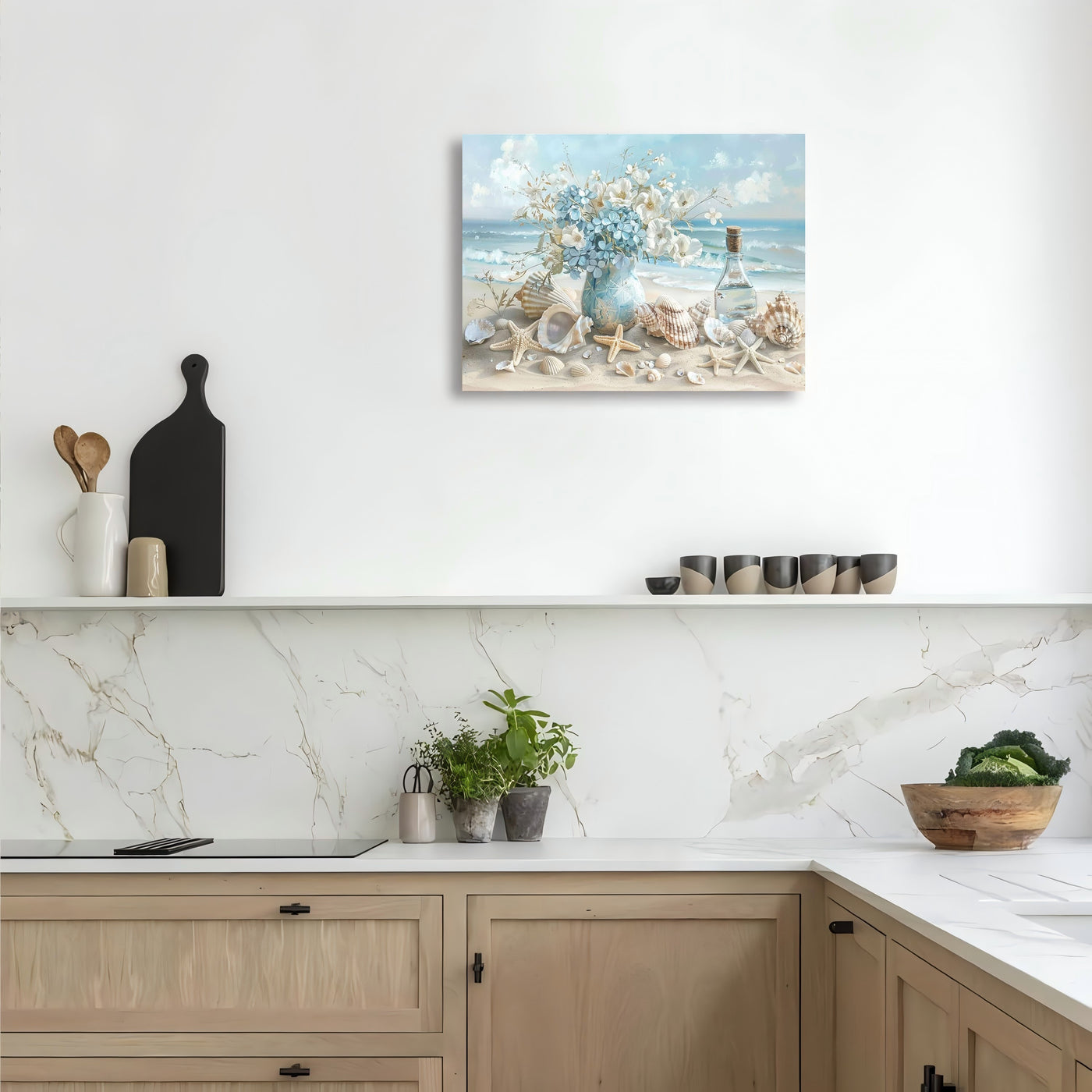 1 Piece Framed Wooden Canvas Painting, One Piece Blue Vase Floral Canvas Print, Wooden Frame Wall Art, Shell And Ocean Theme, Home And Office Decor, Suitable For Living Room, Bedroom, Kitchen, School