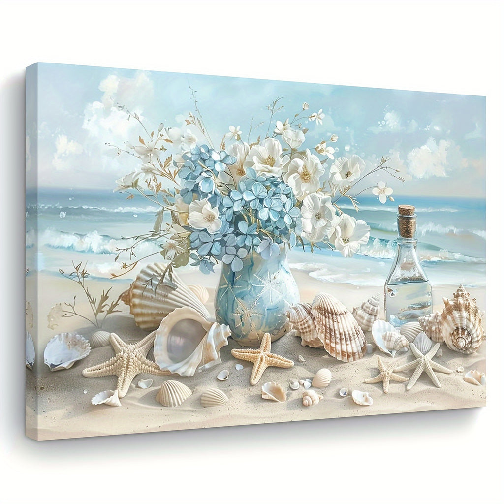 1 Piece Framed Wooden Canvas Painting, One Piece Blue Vase Floral Canvas Print, Wooden Frame Wall Art, Shell And Ocean Theme, Home And Office Decor, Suitable For Living Room, Bedroom, Kitchen, School