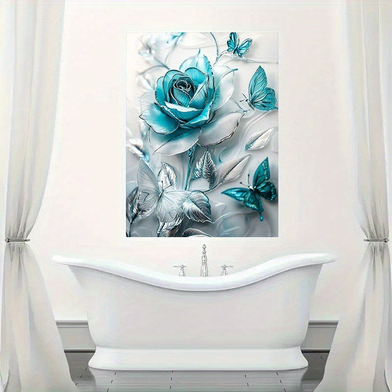 Elegant Turquoise Blue Crystal Rose & Teal Butterflies Canvas Wall Art With Wooden Frame - Classic Decorative Poster For Living Room, Bedroom, Home Office--Selling On Temu Is Prohibited