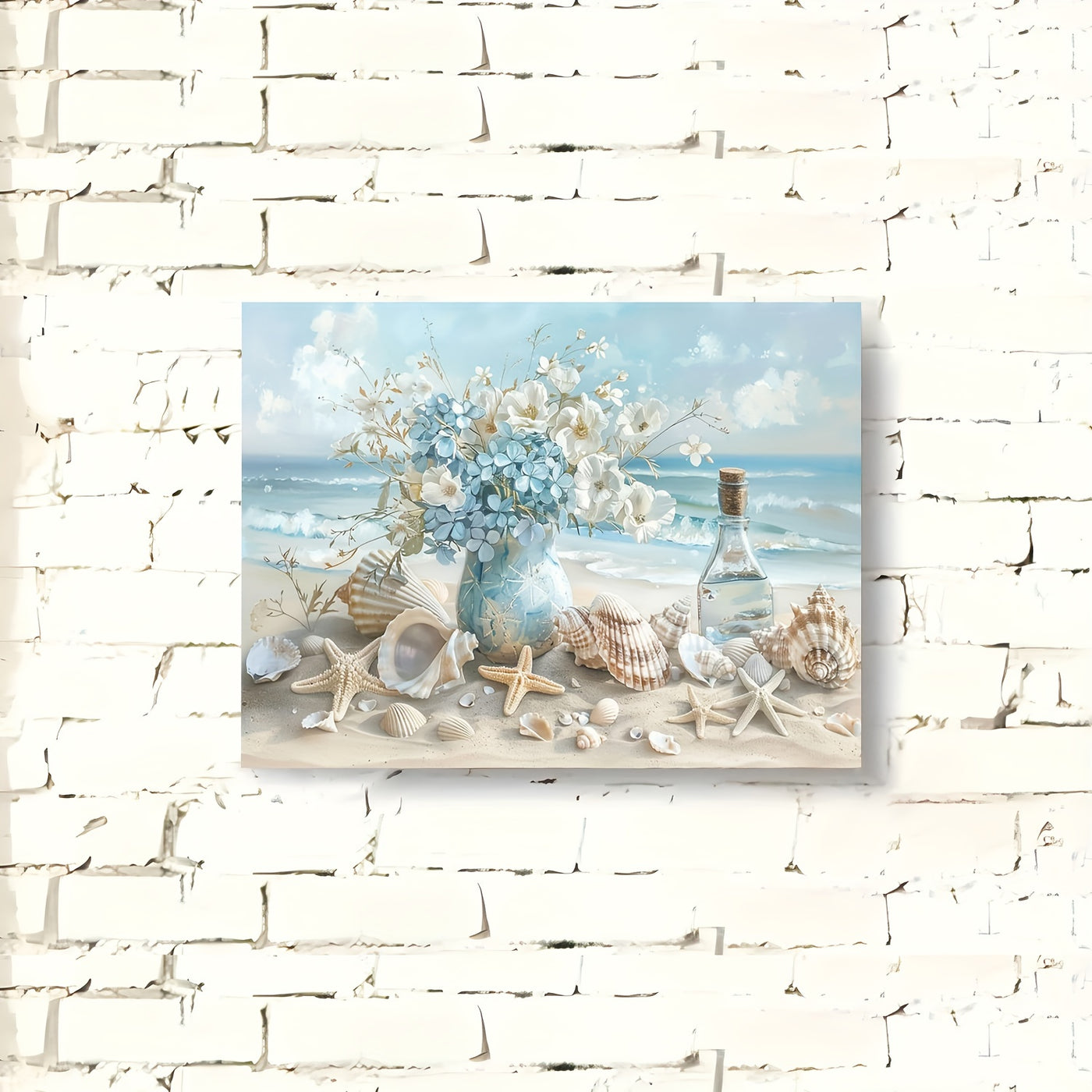 1 Piece Framed Wooden Canvas Painting, One Piece Blue Vase Floral Canvas Print, Wooden Frame Wall Art, Shell And Ocean Theme, Home And Office Decor, Suitable For Living Room, Bedroom, Kitchen, School