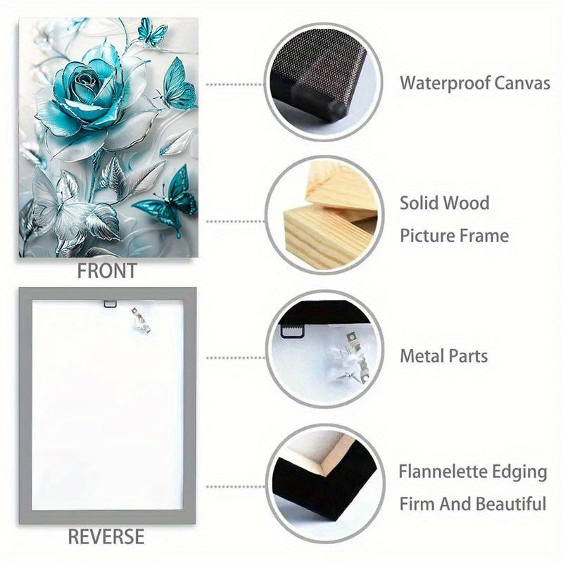 Elegant Turquoise Blue Crystal Rose & Teal Butterflies Canvas Wall Art With Wooden Frame - Classic Decorative Poster For Living Room, Bedroom, Home Office--Selling On Temu Is Prohibited
