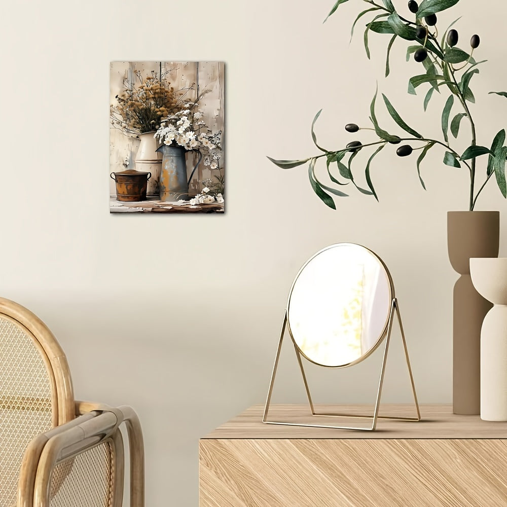 1 Piece Framed Wooden Canvas Painting, Rustic Wood Frame Canvas Art - Cream Yellow Wood Grain With White Jasmine Flowers With Rust Colored Watering Can, Suitable For Living Room Or Bedroom Decoration